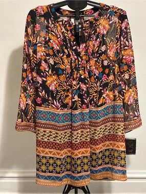 ECI Black Floral Border Print Tunic with Multicolor Accents